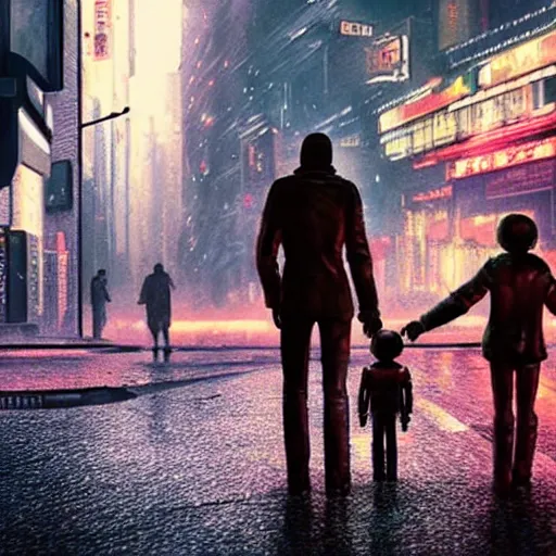 Prompt: robot walking holding hands with a human child in the middle of a cyberpunk street, blade runner, it is raining, 3d illustration, hyper realistic, cinematic, love death + robots