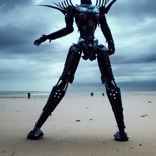 Prompt: chest up shot, realistic detailed stunning beautiful armored humanoid robot anthropomorphic female dragon, looking to the side with an elegant pose of hand on hip, smooth and streamlined armor and design made of steel, sharp claws and sharp teeth, high quality head, Slick LEDs, standing on two legs, on the beach during sunset, high quality, cinematic art, sci fi, sunset lighting, 3D render, 8k, artstation, deviantart, furaffinity