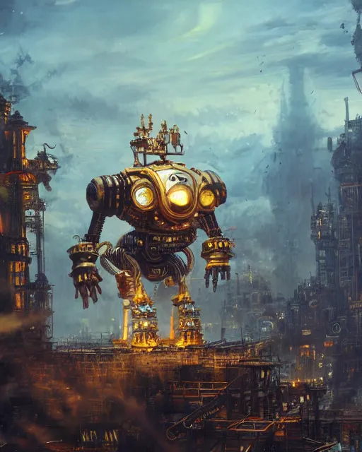 Prompt: oil painting of golden King Kong Steampunk Robot Hybrid attacking city, sharp focus, fantasy style, steampunk city background, octane render, volumetric lighting, 8k high definition, by greg rutkowski, highly detailed, trending on art Station