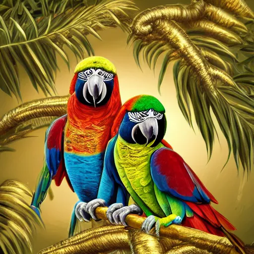 Image similar to parrots wearing golden rings and necklaces, with rap cap on head, rapping and sitting on golden trees, rap scene, musical concert concept art, trending on artstation, highly detailed, digital art, 8 k