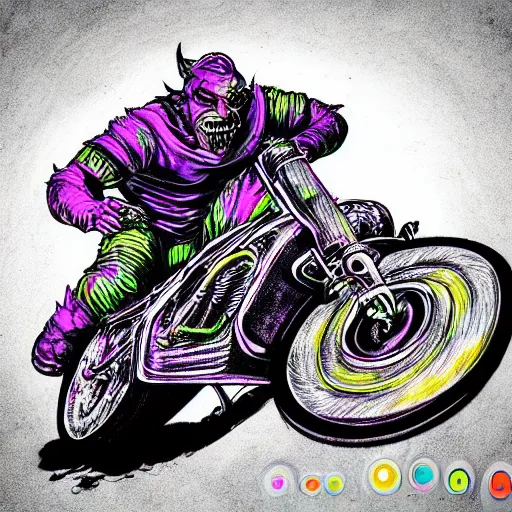 Prompt: psychedelic blacklight airbrush artwork, hyper stylized action shot of an orc biker riding a motorcycle, clear focused details, radical 9 0 s, soft airbrushed edges and gradients on a black background