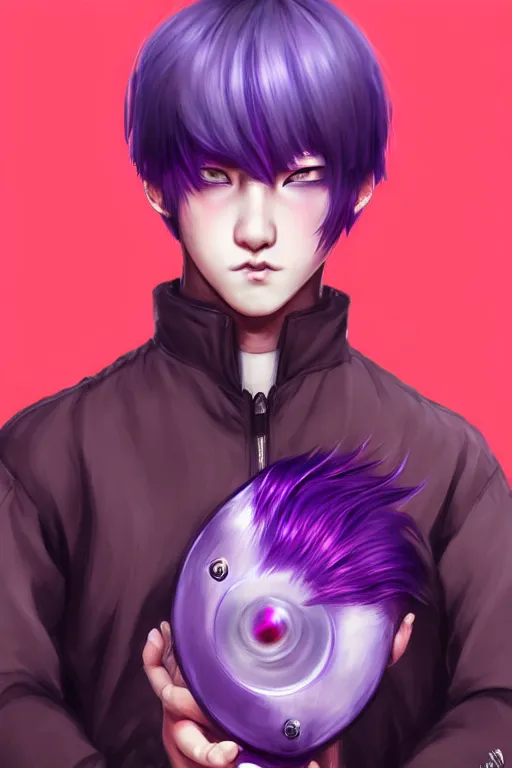 Image similar to gorgeous!!! hyper - realistic teenager boy with purple hair, purple eyes with red eye markets, wearing combat japanese clothes, holding a fan | drawn by wlop, drawn by jeehyung lee, drawn by artgerm | intricate, highly detailed, digital painting, character design, concept art, illustration, artstation