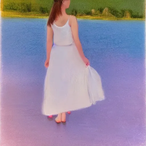 Image similar to a beautiful girl wearing white dresses beautiful face, clear facial features, walking with a dog, john martin landscape lake evening, pastel pink and blue colors