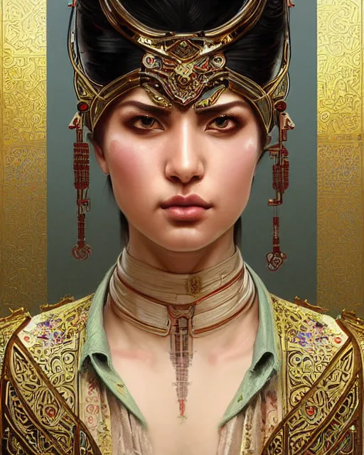 Image similar to portrait of a turkish masculine female cyberpunk machine, machine face, upper half portrait, decorated with ottoman opera motifs, muscular, asian, fine china, wuxia, traditional chinese art, intricate intense elegant, highly detailed symmetry headpiece digital painting artstation concept art smooth sharp focus illustration, art by artgerm and greg rutkowski alphonse mucha 8 k