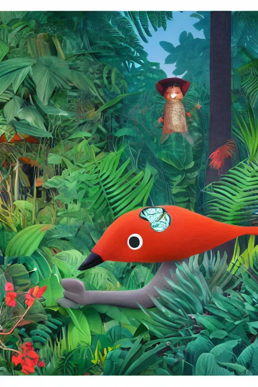 Prompt: rare bird in the jungle, hyper detailed, unreal engine render concept art, glitch, error, style of henri rousseau and richard scarry and hiroshi yoshida