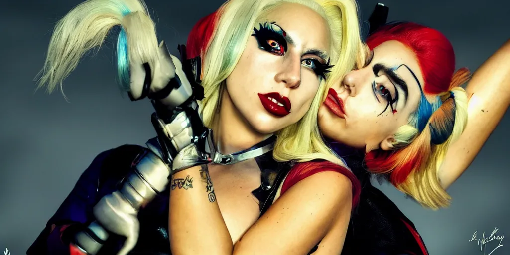 Prompt: lady gaga is harley quinn, volumetric lighting, beautiful, golden hour, sharp focus, ultra detailed, cgsociety