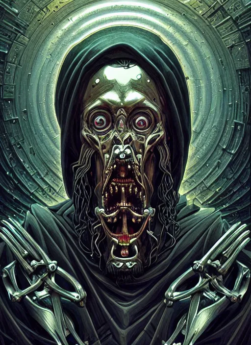 Prompt: hyper detailed ultra sharp orthodox evil jesus icon, biomechanical, tormented man, trending on artstation, byzantine aesthetic, doom, religious, sinister, ornate, intricate, digital painting, concept art, smooth, sharp focus, illustration, art by josan gonzalez, greg rutkowski, killian eng and zdizslaw beksinski