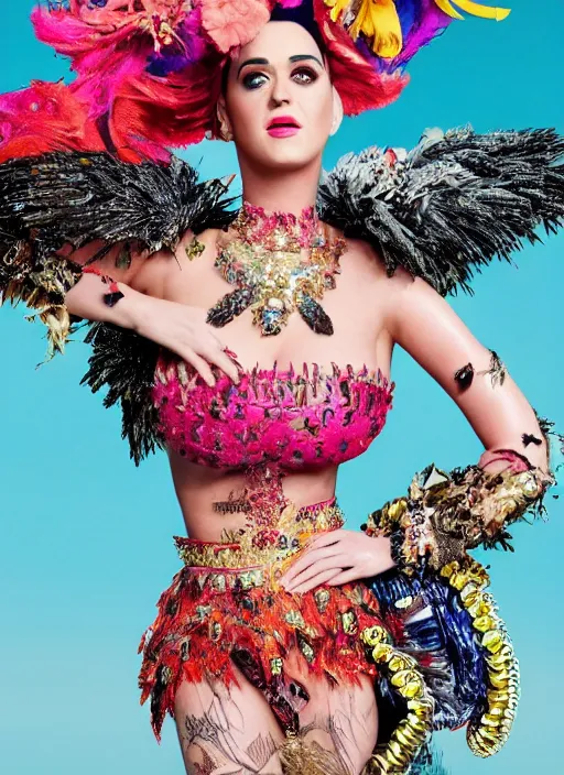 Image similar to katy perry styled by nick knight posing, full body shot, intricate headpiece, vogue magazine, canon, highly realistic. high resolution. highly detailed. dramatic. 8 k. 4 k.