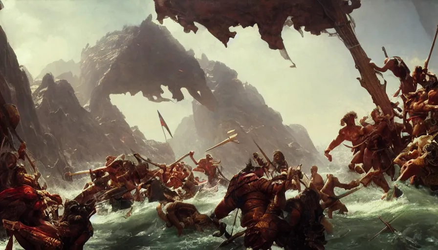 Image similar to barbarians, nodric gods, fighting epic battle on floating islands in the sky, good composition, artstation, 4 k illustration, sharp focus, sunlit, painted by ruan jia, raymond swanland, lawrence alma tadema, zdzislaw beksinski, norman rockwell, jack kirby, tom lovell, alex malveda, greg staples