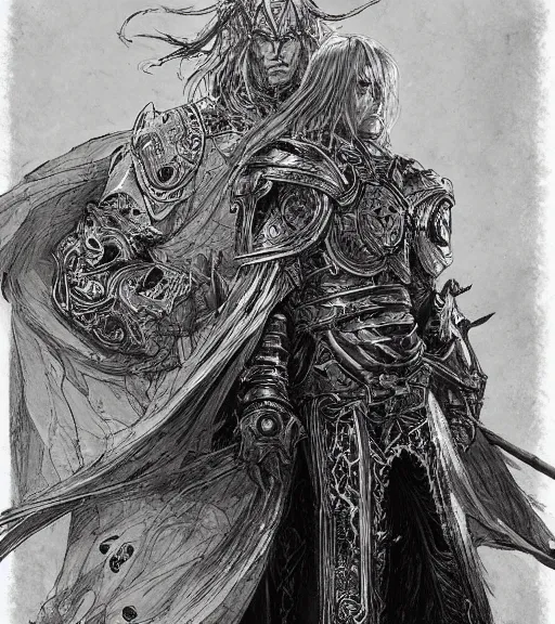 Image similar to long blond hair man in armor with another man with long blong hair tyed up with black robes, pen and ink, intricate line drawings, by craig mullins, ruan jia, kentaro miura, greg rutkowski, loundraw