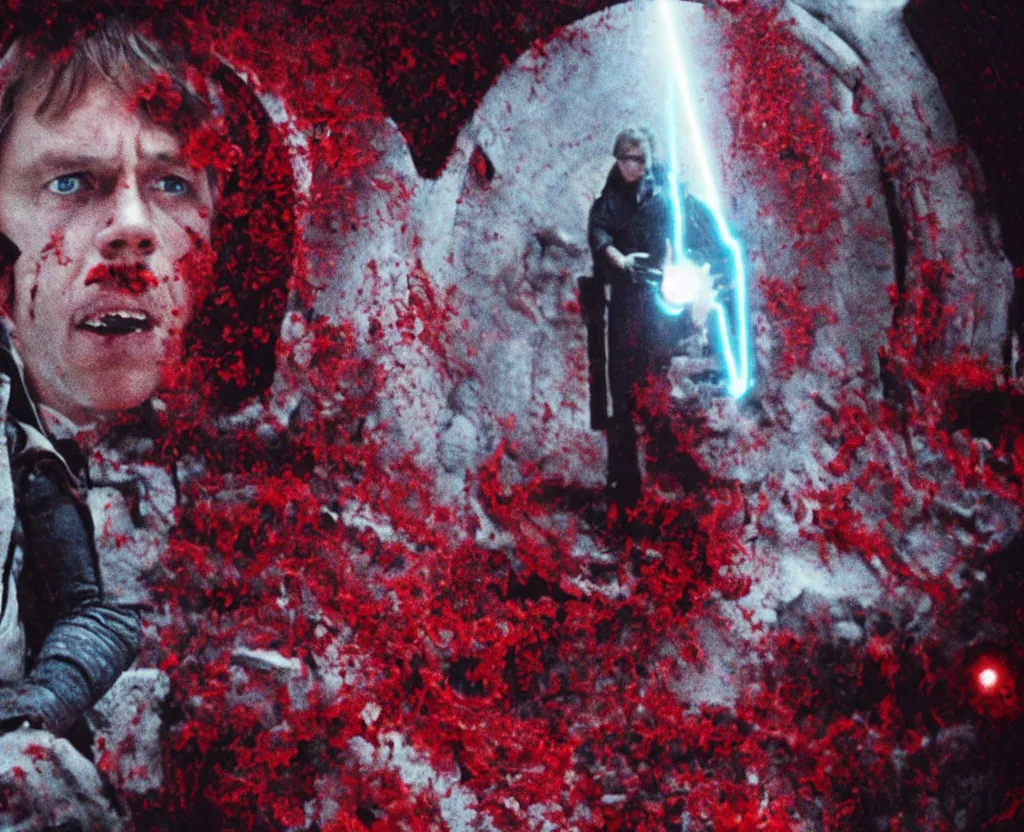 Prompt: Luke Skywalker entering a horrific chamber full of blood red spirals and other indescribable horrors beyond our comprehension, horror, cosmic horror, cinematic, film grain, 4k