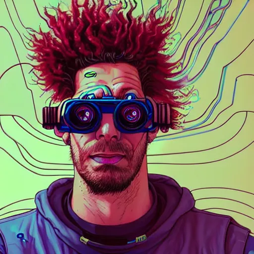 Image similar to portrait painting of a cyberpunk technician with crazy hair, sharp focus, award - winning, trending on artstation, masterpiece, highly detailed, intricate. art by josan gonzales and moebius and deathburger