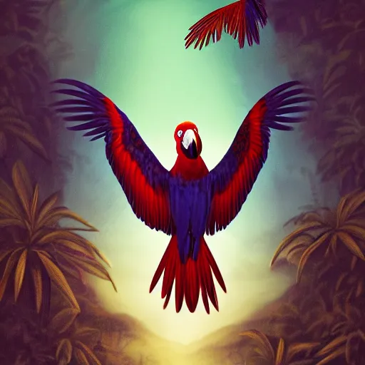 Image similar to gorgeous macaws flying at dawn through the forest get hit by beautiful light, jungle mountains in the background, sentient bird, highly detailed, ethereal macaw, heavenly lighting, digital art, trending on art station, very detailed birds