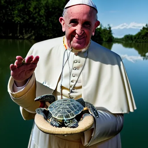 Image similar to pope holding a pond turtle, photography, Canon eos r3, 8k resolution