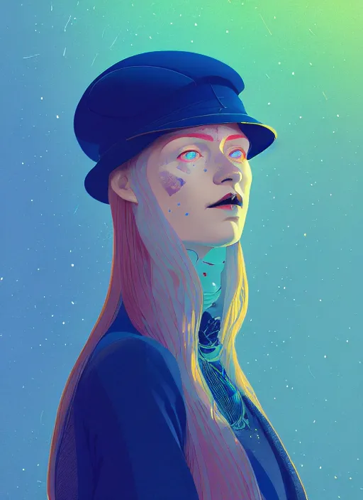 Prompt: portrait of beautiful nordic woman wearing british hat, blue eyes, artstation winner by victo ngai, kilian eng and by jake parker, by conrad roset, swirly vibrant color lines, winning award masterpiece, fantastically gaudy, aesthetic octane render, 8 k hd resolution