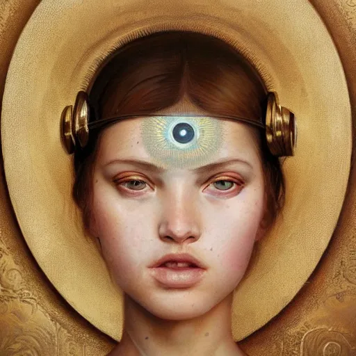 Prompt: breathtaking soft painting of girl with a third eye in her forehead with an intricate retrofuturistic helmet in a golden sky, realistic symmetrical face features, rembrandt style, elegant, highly detailed, artstation, concept art, matte, sharp focus, art by tom bagshaw, and greg rutkowski