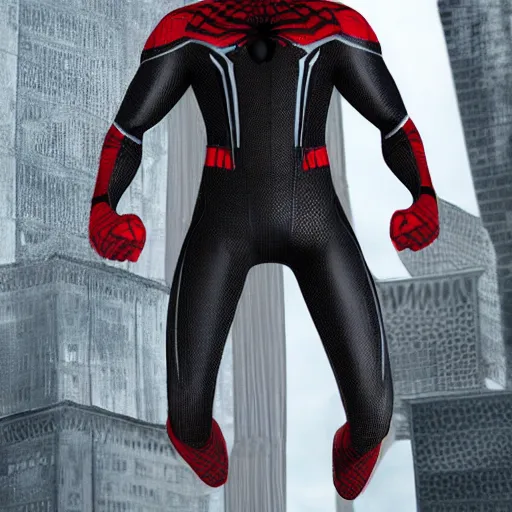 Image similar to black spider - man suit with white web lining, cinematic, volumetric lighting, realistic, hyperdetailed, photorealistic, photograph