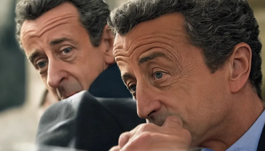 Image similar to hyper-realistic and anamorphic 2010s movie still of Nicolas Sarkozy, by Paolo Sorrentino, Leica SL2 30mm, beautiful color, high quality, high textured, lens flare