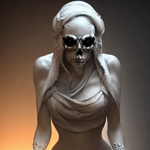 Prompt: a woman wearing a white mask with an ornate skull on her face, a marble sculpture by bastien lecouffe - deharme, featured on zbrush central, gothic art, zbrush, marble sculpture, grotesque