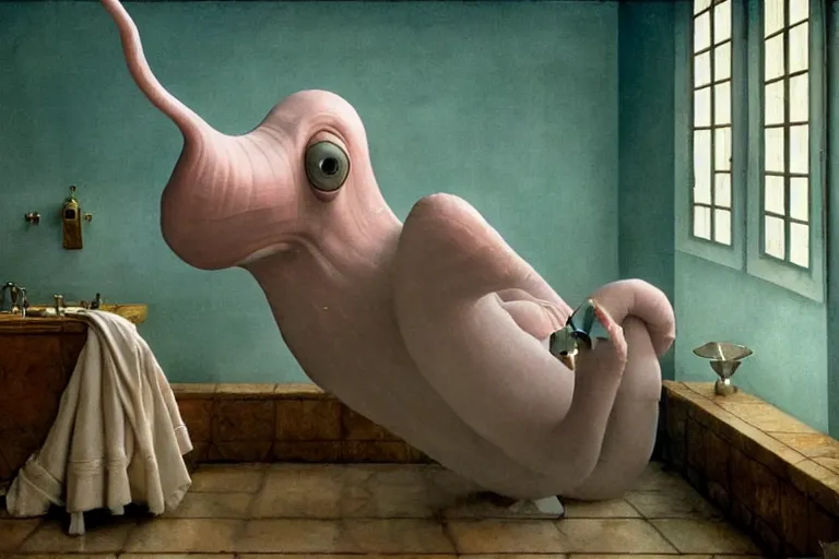 Image similar to hyperrealism aesthetic ridley scott and caravaggio and denis villeneuve style photography of a detailed giant squidward, siting on a detailed ultra huge toilet and scrolling his smartphone in surreal scene from detailed art house movie in style of alejandro jodorowsky and wes anderson