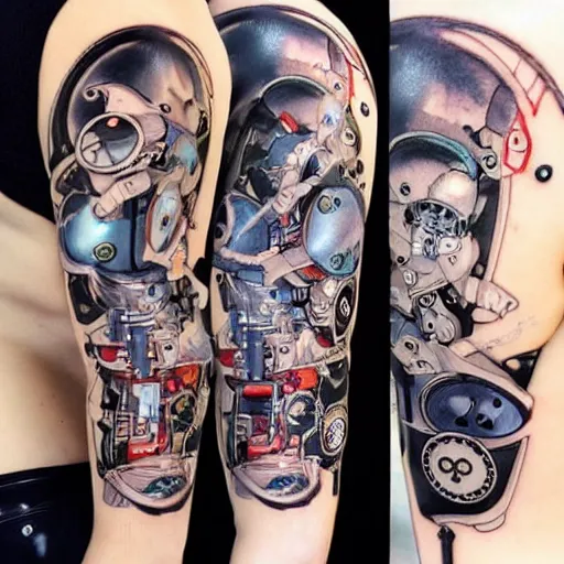 Image similar to Anime manga robot!! cat tattoo, cyborg cat, exposed wires and gears, fully robotic!! cat, manga!! in the style of Junji Ito and Naoko Takeuchi, tattoo on upper arm