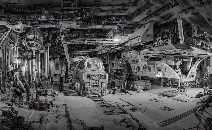 Image similar to a digital photo showing the inner working of an alien workshop, taken in a secret underground military base. alien grey. top secret. dumb. deep underground military base. 4 k