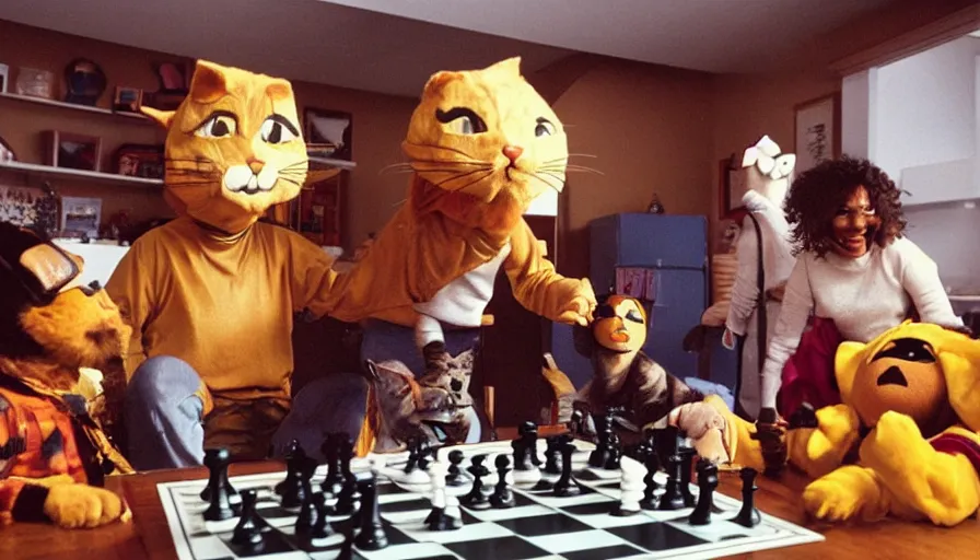 Image similar to 1990s candid 35mm photo of a beautiful day in the living room, cinematic lighting, cinematic look, golden hour, large costumed mascot people interacting with families, Enormous personified mascot people with outstandingly happy faces coming out of a portal and showing families how to teleport, cats playing chess in the background, UHD