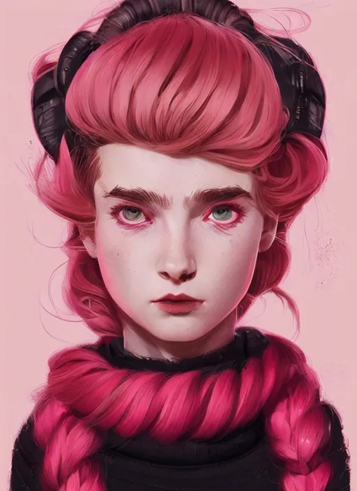 Image similar to highly detailed portrait of a girl with scarlet lips and pink eyes, tartan hoody, ringlet hair, short white hair by atey ghailan, by greg rutkowski, by greg tocchini, by james gilleard, by joe fenton, by kaethe butcher, gradient pink, black, red, cream and white color scheme, trending in pinterest, award winning details