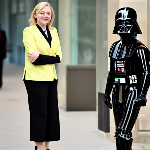 Prompt: Liz Truss in a Darth Vader helmet