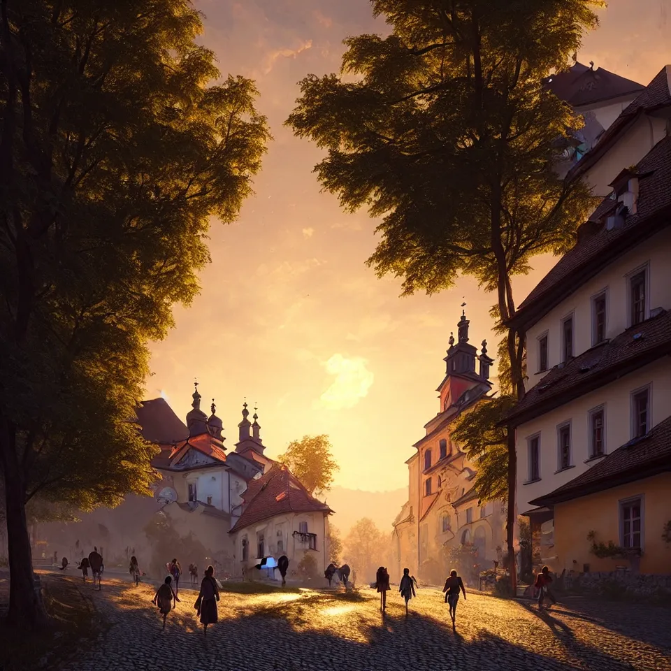 Prompt: a beautiful photo of banska stiavnica in summer with old houses and trees in sunset, sky, people walking on street, unreal engine, by greg rutkowski and james gurney, artstation