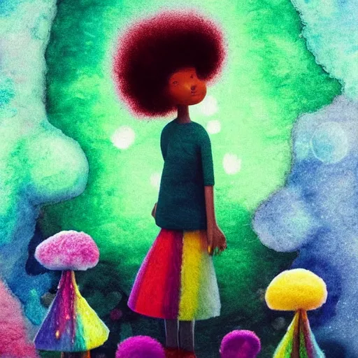 Prompt: a black girl with a colorful afro and rainbow eyes, in a candy forest! at night!, bokeh!!, bright colours, watercolor, volumetric wool felting, macro photography, children illustration, by goro fujita