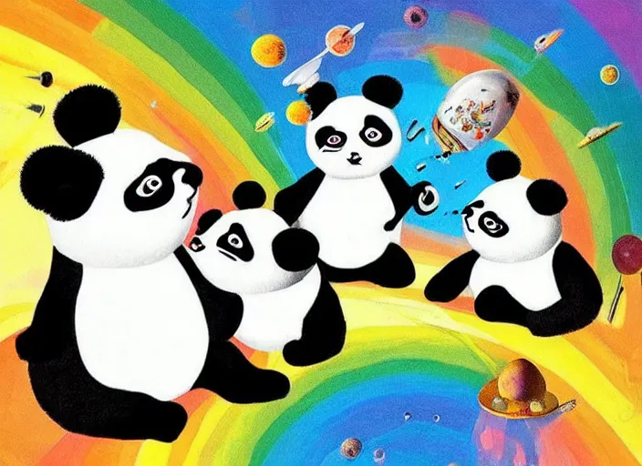 Prompt: “ an entire family of pandas in tuxedos and dresses riding in a speedboat with yung gravy on a rainbow in outer space. created in the style of salvador dali. high detail. ”