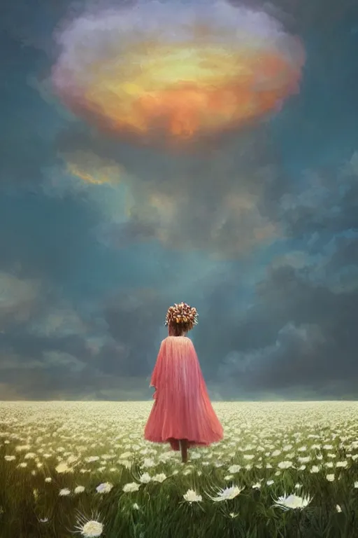 Prompt: giant white daisy flower veil, girl standing in a flower field, surreal photography, sunrise, dramatic light, impressionist painting, colorful clouds, digital painting, artstation, simon stalenhag