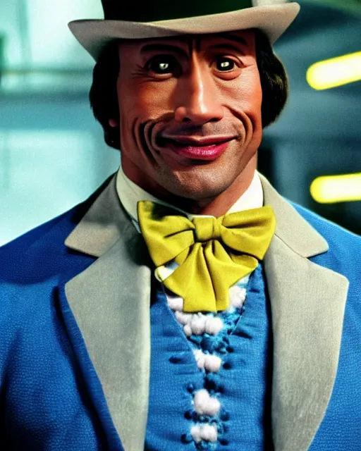 Image similar to Film still close-up shot of Dwayne Johnson as Willy Wonka from the movie Willy Wonka & The Chocolate Factory. Photographic, photography