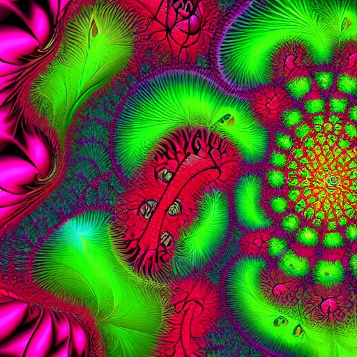 Prompt: a brightly colored ultra - realistic painting of very detailed organic flowers constructed from elaborate fractals, high resolution, 4 k, mandelbrot set, chaos, fractal, math, deviantart, photo - realistic