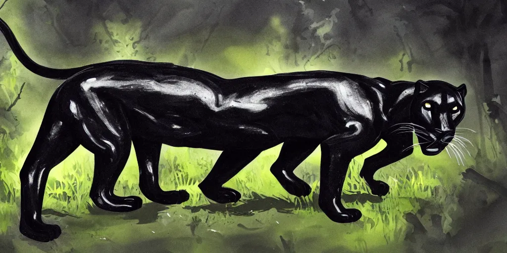 Image similar to a panther, made of smooth black goo, prowling through the forest, viscous, sticky, full of tar, covered with black goo. concept art, painting, animal drawing, color, savanna, wildlife photography, black goo, cinematic, in the style of research drawings