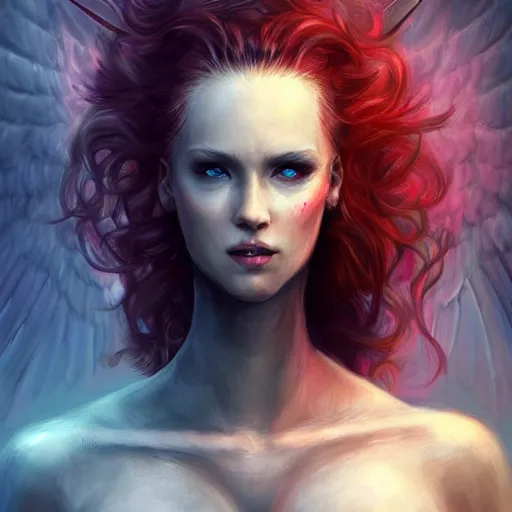 Image similar to woman - unicorn hybrid red angel - wings, stunning, thick armor that covers everything, shocked very wide open eyes very open eyes, realistic, symmetric portrait, face, intricate, very detailed, fantasy digital art, trending in artstation, marc simonetti