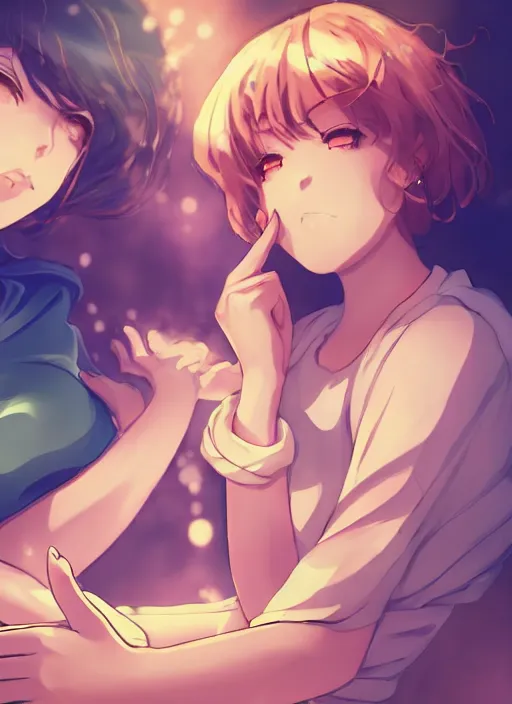 Image similar to two beautiful mothers sitting on a hot summer evening, gorgeous faces, thick lines, cinematic lighting, detailed anime art