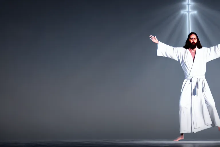 Image similar to jesus christ wearing a white robe strikes a dance pose in the apocalypse, intricate, hyper detailed, accent lighting, dramatic light, 4 k octane render