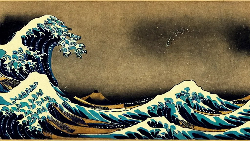 Prompt: rembrandt painting of the great wave by hokusai