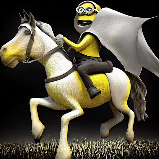 Image similar to minion riding a horse, 3 d digital art