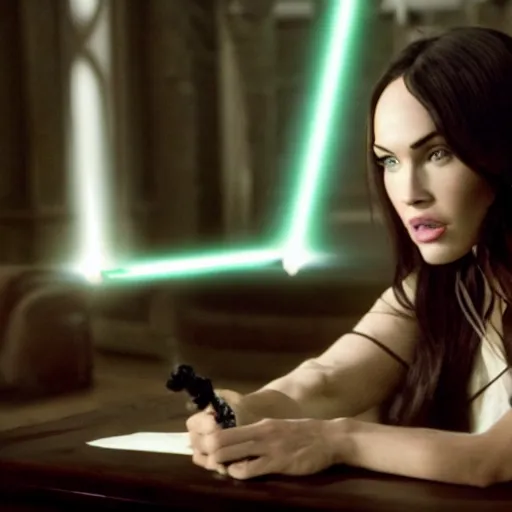 Prompt: Still of Megan Fox on the Jedi Council, Star Wars ,Cinematic Lighting, beautiful composition, 8K resolution