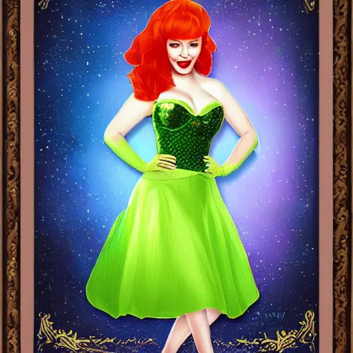 Image similar to christina hendricks with tinkerbell clothes, digital art,