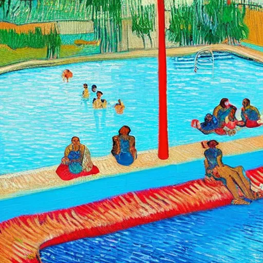 Prompt: “a vibrant colourful painting of a group of beautiful young people sitting at the poolside, next to a blue pool, smoking cigarettes and drinking wine, in the style of Van Gogh”