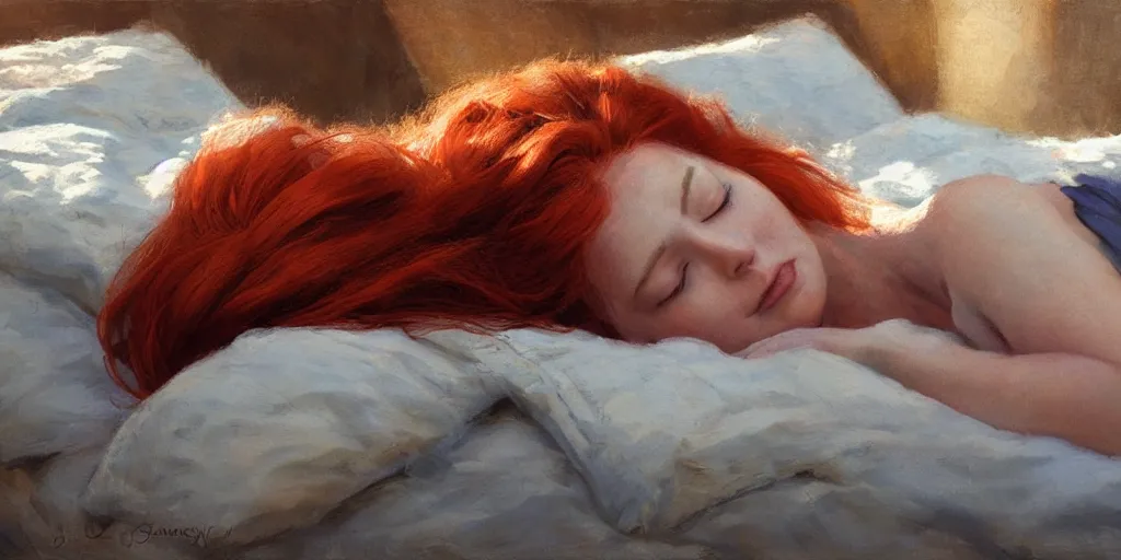 Prompt: redhead sleeping in sun shadow bed summer, artstation james gurney