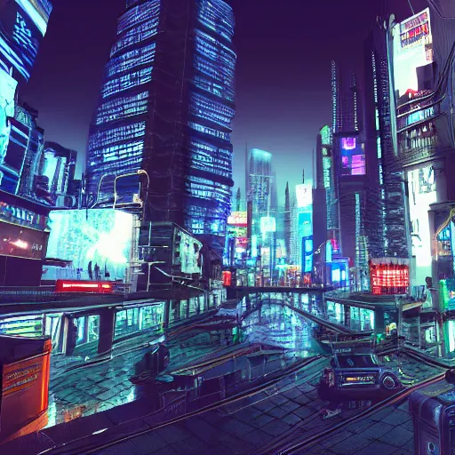 Image similar to a hyperrealistic cyberpunk city at night, extreme wide shot