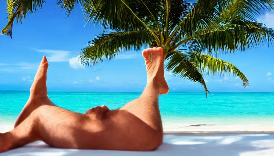 Image similar to first person view from a man lounging on a beautiful tropical beach with a stunning turquoise ocean in the background. his legs stretch out in front of the camera, photorealistic