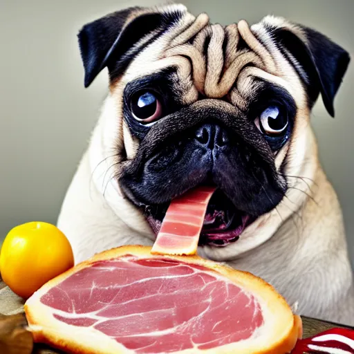 Image similar to fat pug eating a slice of ham