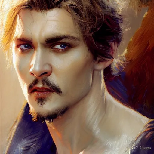 Prompt: detailed cinematic wide shot of beautiful attractive blonde vampire jhonny depp slim face symettrical face clean skin blue eyes black robe smooth, sharp focus, ultra realistic, spring light, painting by gaston bussiere, craig mullins, j. c. leyendecker