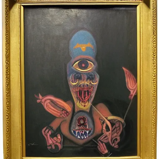 Image similar to portre of an autistic demon on acid, masonic and kabalistic symbols in background, oil painting